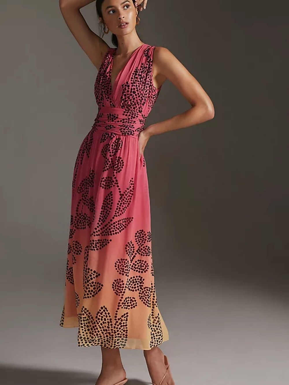 Sleeveless Pink-to-Peach Gradient Maxi Dress with Black Dot Floral
